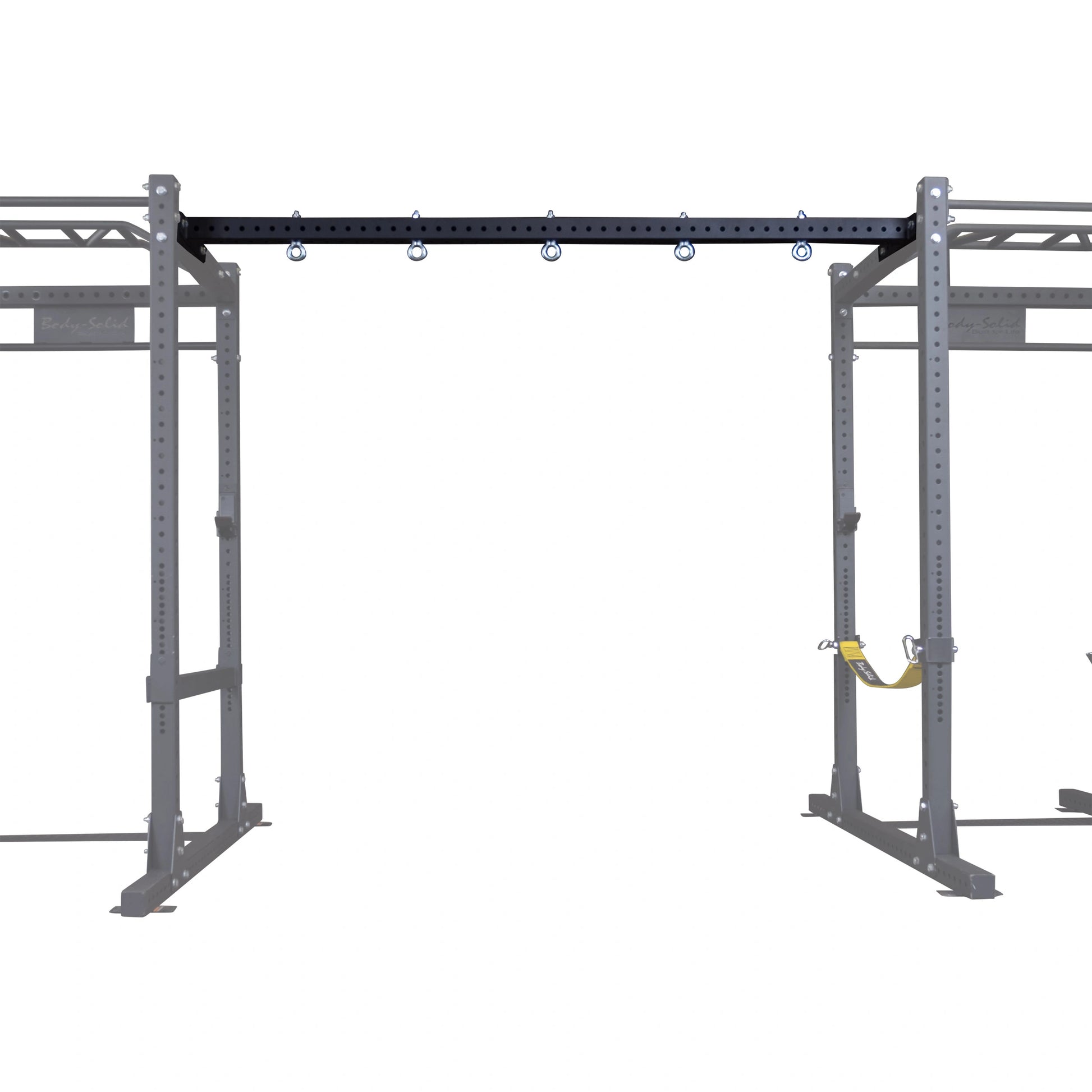A Body-Solid Pro ClubLine Power Rack with the Connecting Bar SPRACB installed, featuring a sturdy black bar with hooks, connecting two metal rack frames.