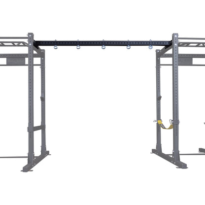 A Body-Solid Pro ClubLine Power Rack with the Connecting Bar SPRACB installed, featuring a sturdy black bar with hooks, connecting two metal rack frames.