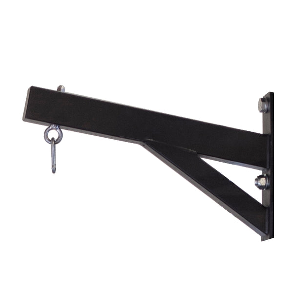 Body-Solid Pro ClubLine Power Rack Heavy Bag Hanger SPRHBH, a sturdy black metal bracket designed for hanging heavy bags, featuring a keyring attachment and wall-mounting hardware.