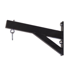Body-Solid Pro ClubLine Power Rack Heavy Bag Hanger SPRHBH, a sturdy black metal bracket designed for hanging heavy bags, featuring a keyring attachment and wall-mounting hardware.