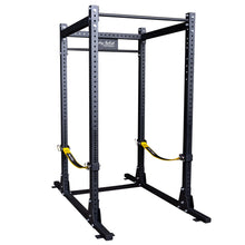 Body-Solid Pro ClubLine Power Rack Safety Straps SPRSS, featuring a sturdy black frame with adjustable safety straps for secure weightlifting.