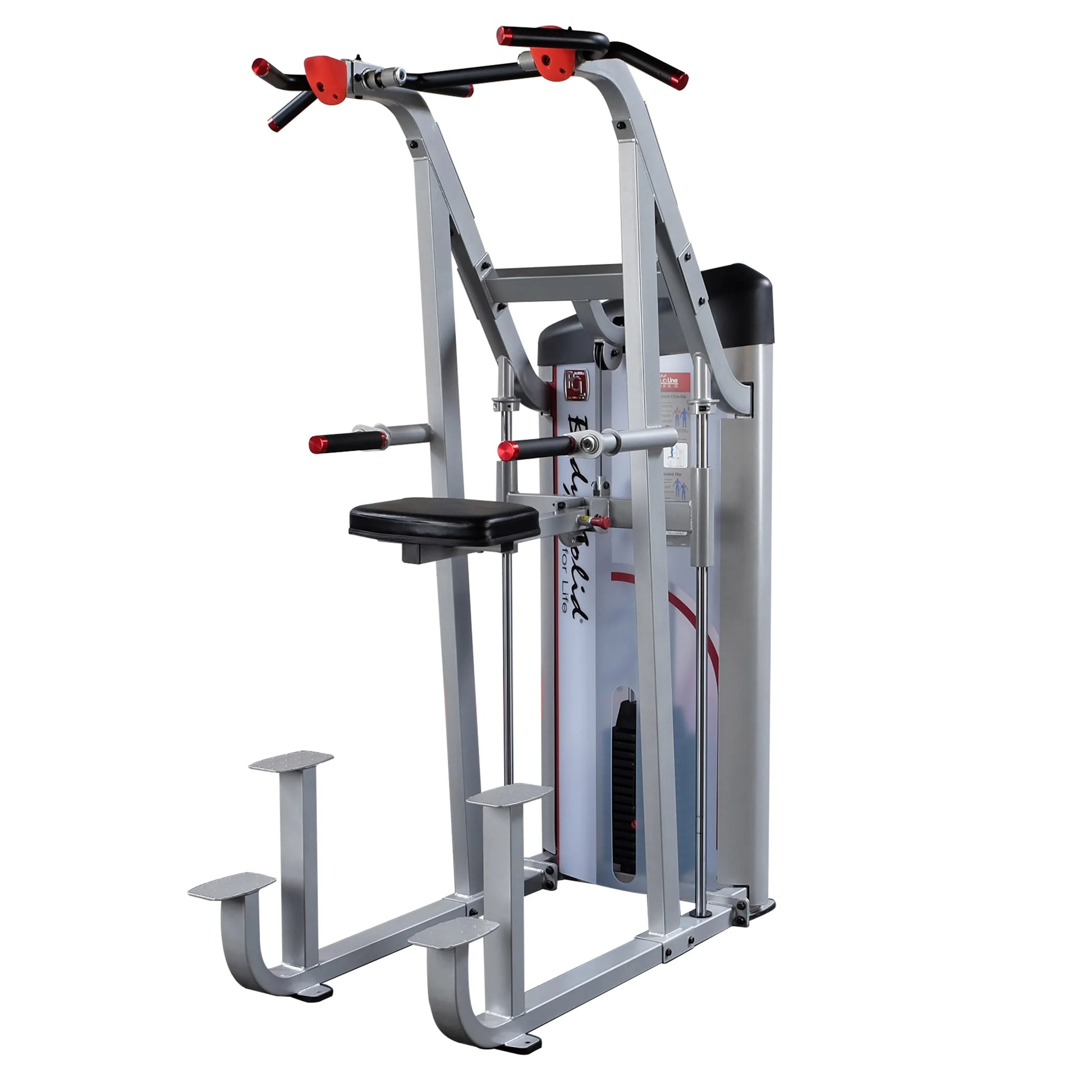 Body-Solid Pro ClubLine Series 2 Assisted Chin & Dip Machine S2ACD, featuring a sturdy design with adjustable handles, a padded seat, and foot supports for assisted chin-ups and dips.