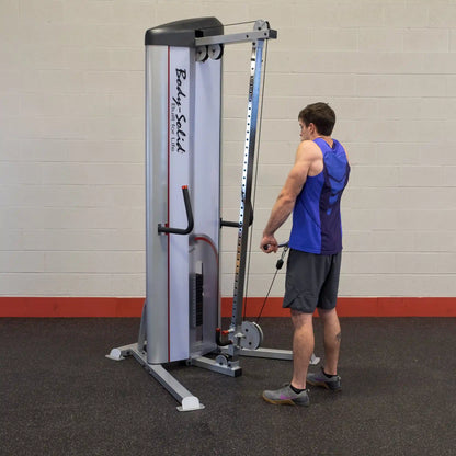 A person using the Body-Solid Pro ClubLine Series 2 Cable Column S2CC for strength training in a gym setting.