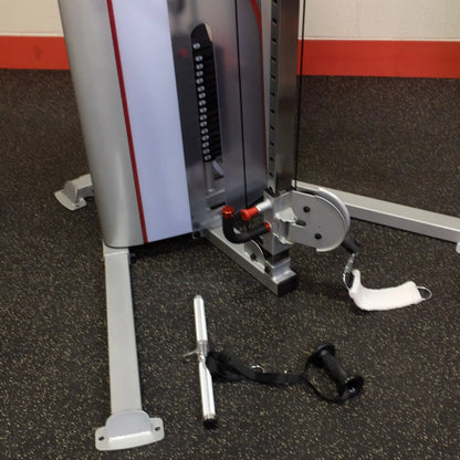 Body-Solid Pro ClubLine Series 2 Cable Column S2CC featuring a weight stack, pulleys, and attachments on a gym floor.