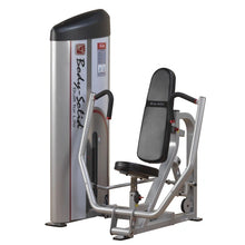 Body-Solid Pro ClubLine Series 2 Chest Press Machine S2CP, featuring a padded seat and adjustable arm handles for strength training.