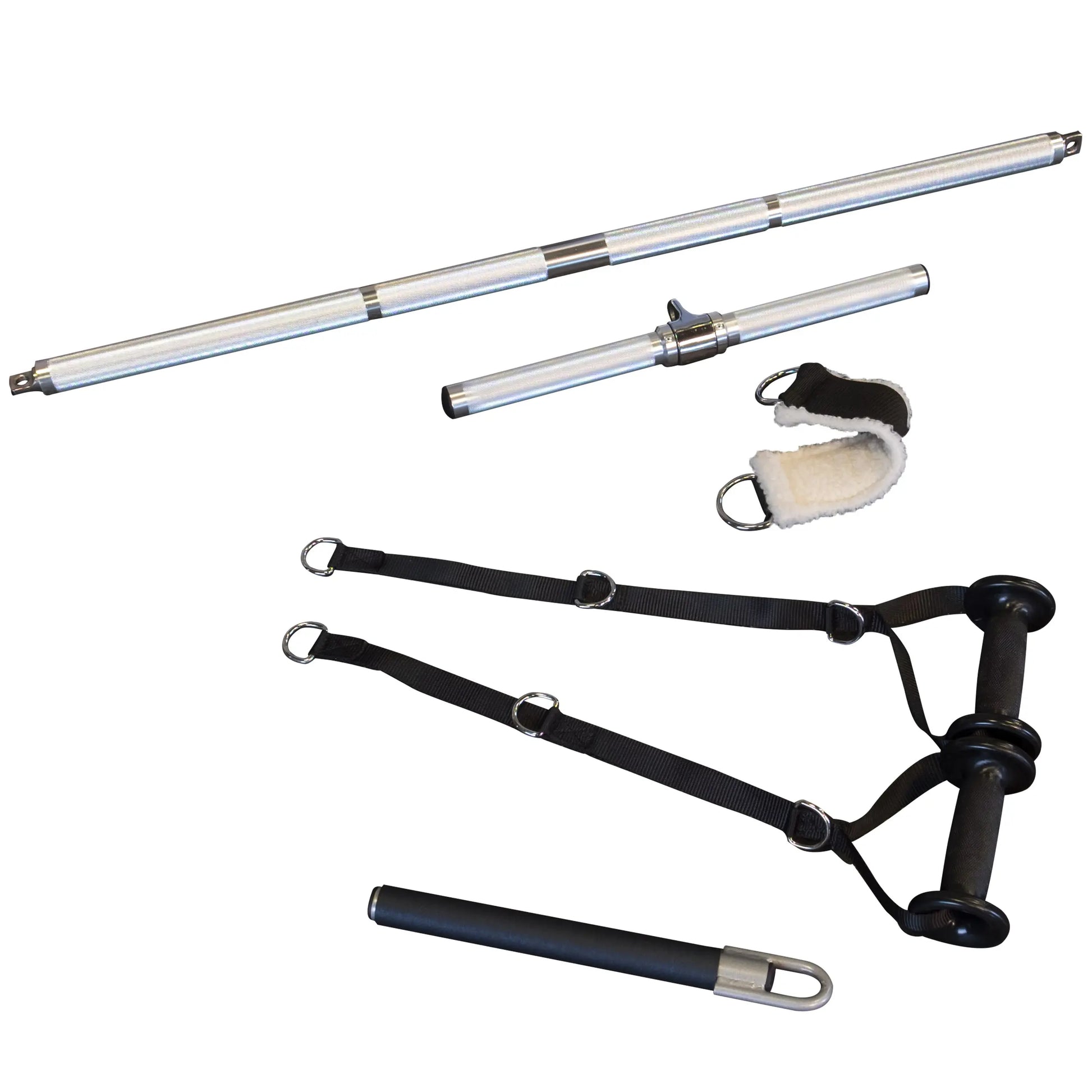 Body-Solid Pro ClubLine Series 2 Functional Trainer S2FT components including various attachments and bars for strength training.