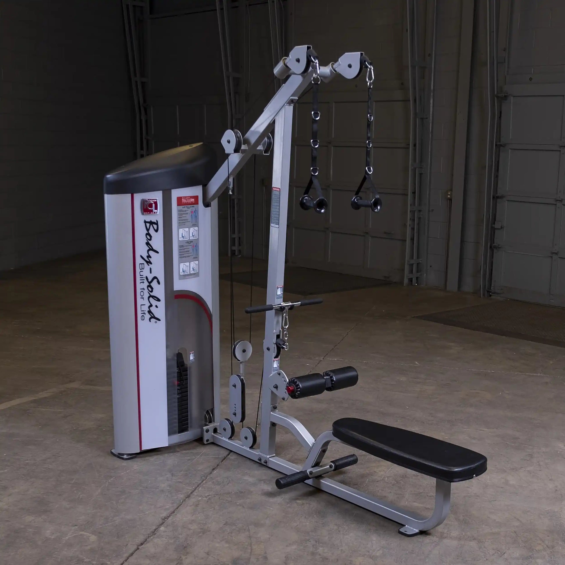 Body-Solid Pro ClubLine Series 2 Lat Pulldown & Seated Row Machine S2LAT, showcasing a sleek design with pulldown and seated row options, set in a spacious gym environment.