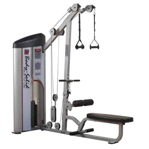 Body-Solid Pro ClubLine Series 2 Lat Pulldown & Seated Row Machine S2LAT, featuring a sleek design with adjustable pulleys, grips, and a padded seat for comfortable workouts.
