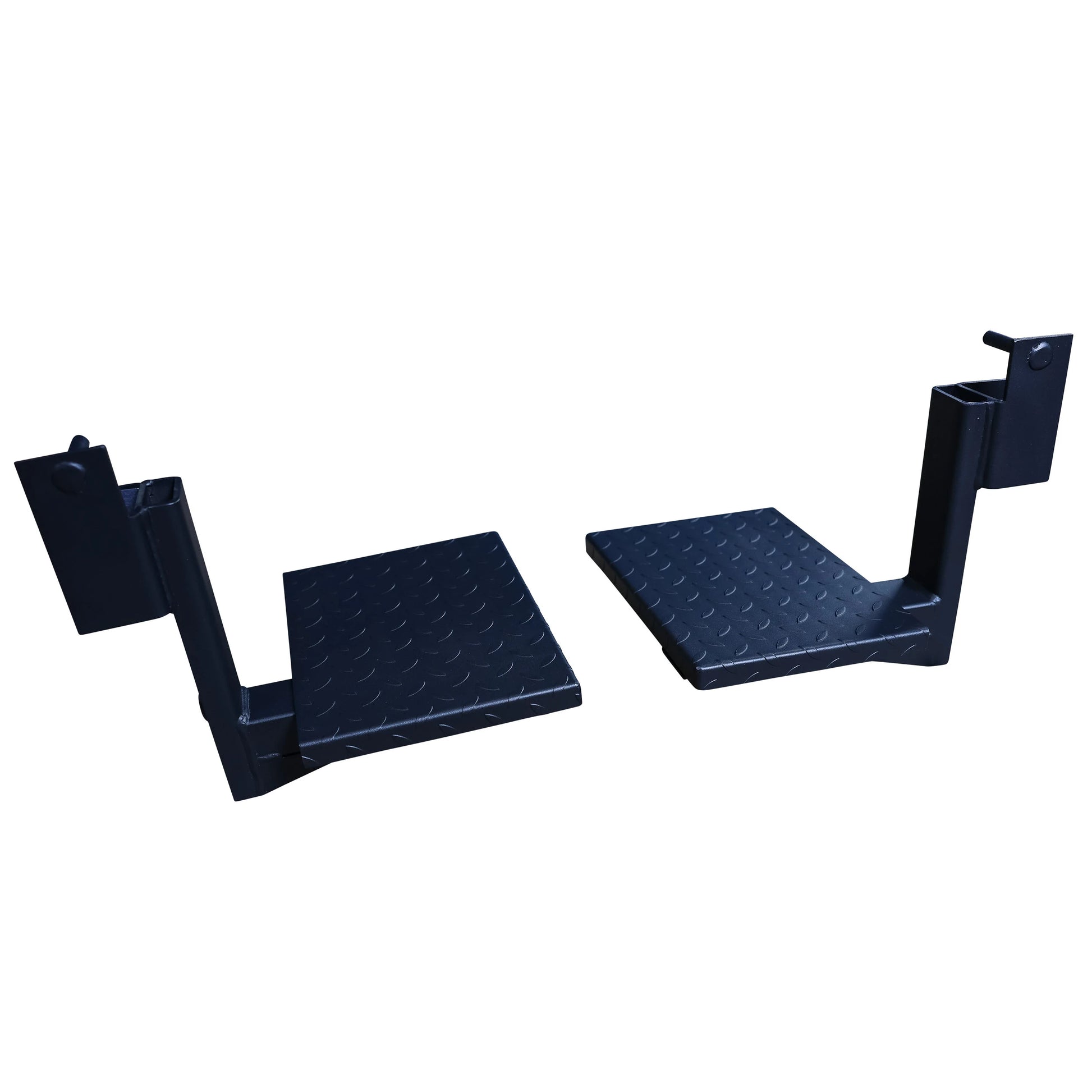 Body-Solid Pro ClubLine Spotter Platforms SPRSP featuring two sturdy black platforms with a diamond pattern surface for added grip, designed for strength training assistance.