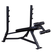 Body-Solid Pro Clubline Decline Olympic Bench SODB250, featuring a sturdy black frame and adjustable support for strength training exercises.