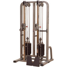 Body-Solid Pro Clubline Dual Cable Column SDC2000G2, a dual cable resistance training machine featuring adjustable weights and handles for various exercises.