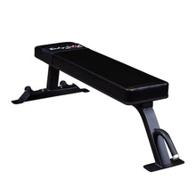Body-Solid Pro Clubline Flat Bench SFB125, a sturdy black flat bench designed for weightlifting and strength training.