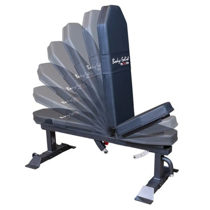Body-Solid Pro Clubline Flat/Incline Bench SFI20 showcasing adjustable backrest positions for versatile workout options.