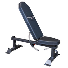 Body-Solid Pro Clubline Flat/Incline Bench SFI20, featuring a padded backrest and seat, adjustable incline settings, and a sturdy metal frame for strength training workouts.