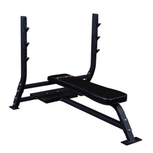 Body-Solid Pro Clubline Flat Olympic Bench SOFB250, featuring a sturdy black frame, padded bench, and adjustable height for weightlifting exercises.