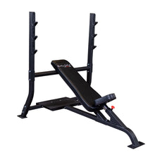 Body-Solid Pro Clubline Incline Olympic Bench SOIB250, a black adjustable weight bench with padded seat and sturdy metal frame, suitable for strength training.