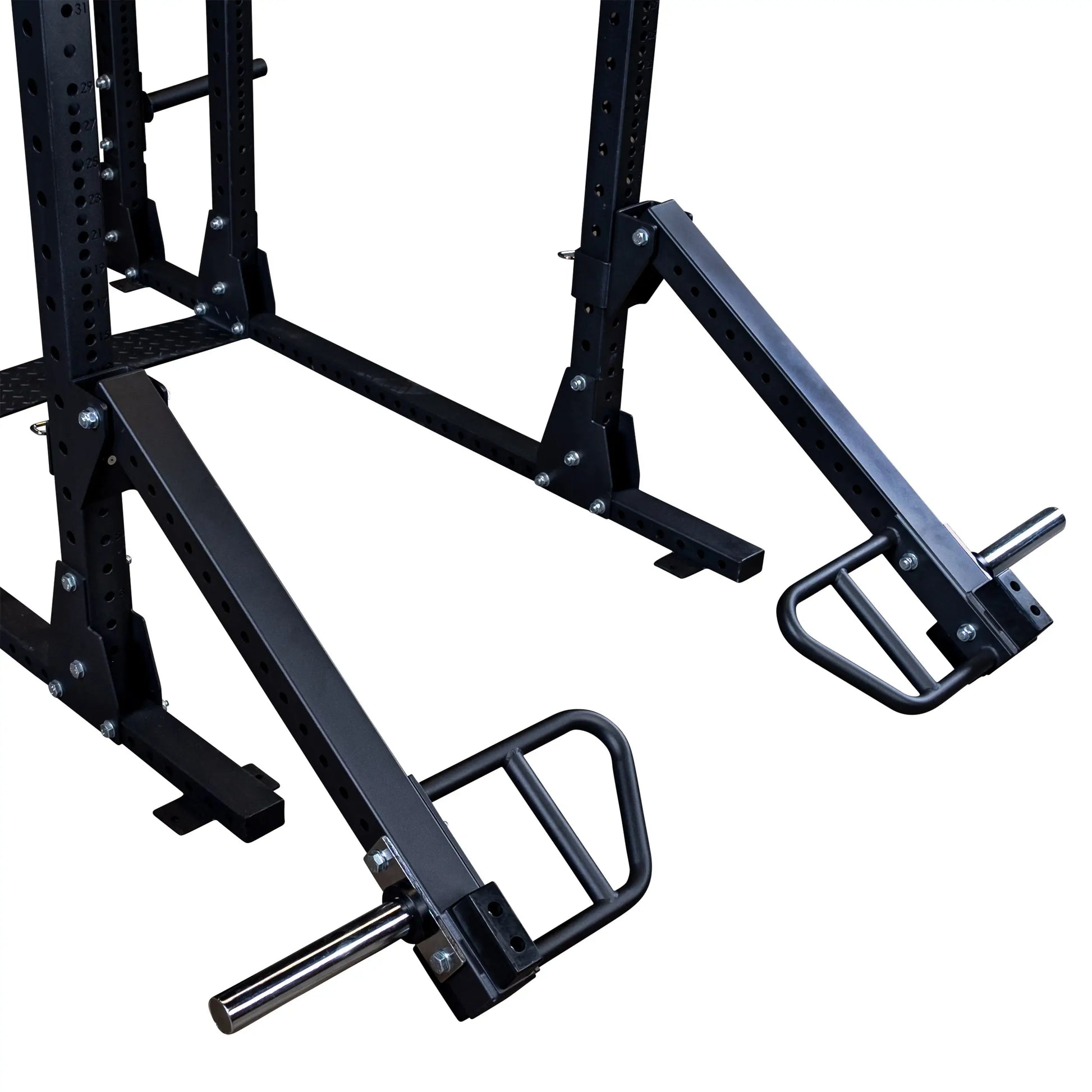 Body-Solid Pro Clubline Jammer Arms SPRJAM attached to a power rack, showcasing heavy-duty construction and adjustable design.