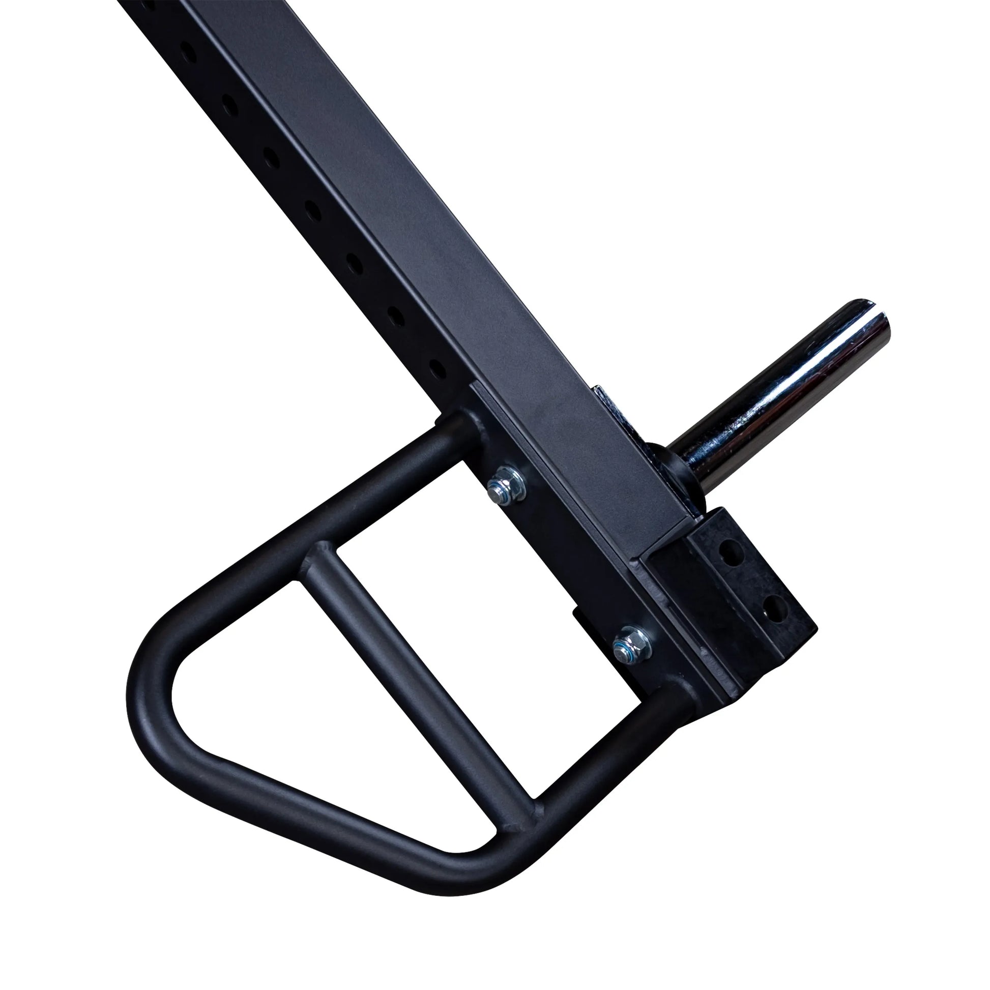 Close-up view of the Body-Solid Pro Clubline Jammer Arms SPRJAM, showcasing the sturdy black metal frame and grip handle against a white background.