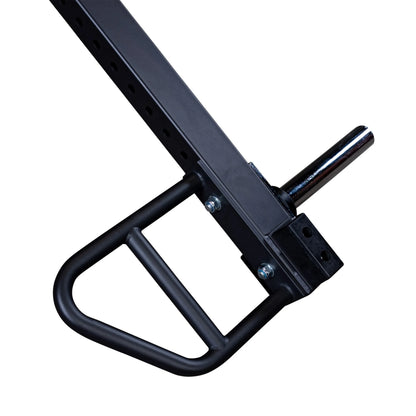 Close-up view of the Body-Solid Pro Clubline Jammer Arms SPRJAM, showcasing the sturdy black metal frame and grip handle against a white background.