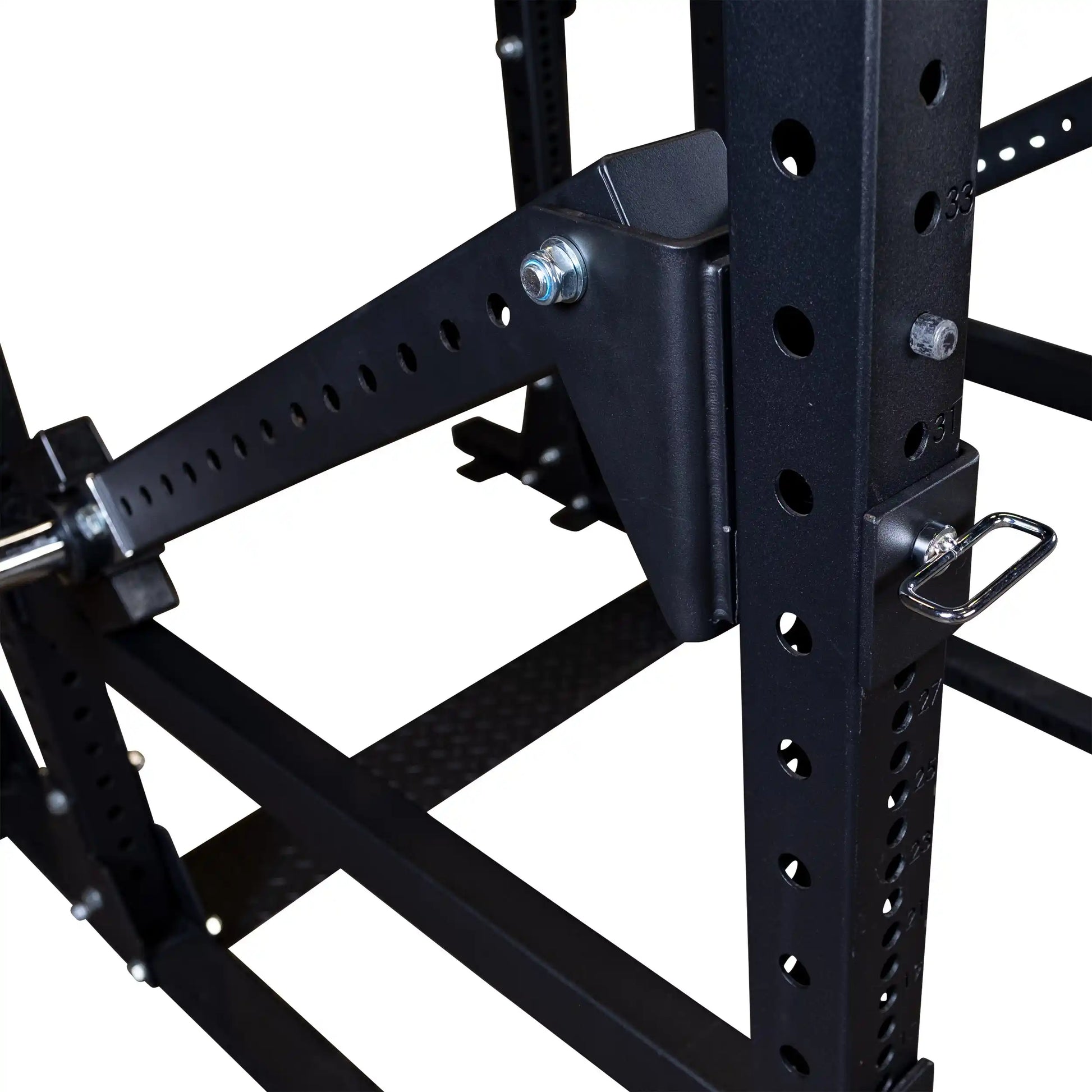 Close-up view of Body-Solid Pro Clubline Jammer Arms SPRJAM attached to a fitness rack.