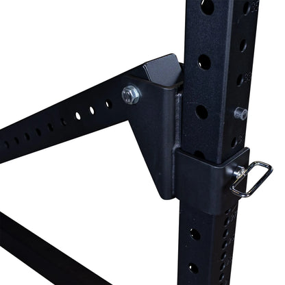 Close-up of the Body-Solid Pro Clubline Jammer Arms SPRJAM attachment, featuring a sturdy black metal construction with perforated holes and a locking pin mechanism.