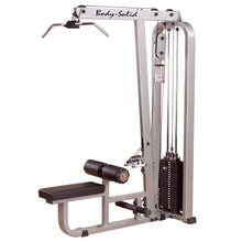 Body-Solid Pro Clubline Lat & Mid Row Machine SLM300G2, a strength training equipment featuring a lat bar, adjustable seat, and weight stack for various exercises.