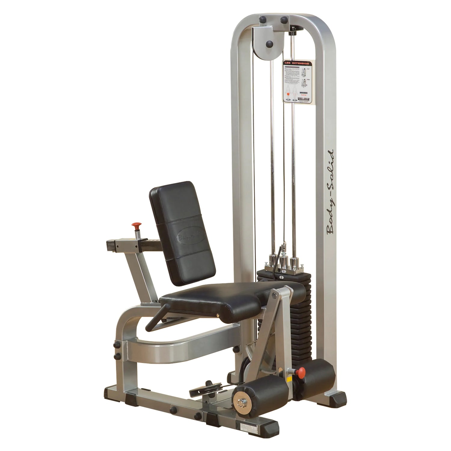 Body-Solid Pro Clubline Leg Extension Machine SLE200G2, featuring a padded seat and backrest, adjustable weight stack, and sturdy frame for leg workouts.