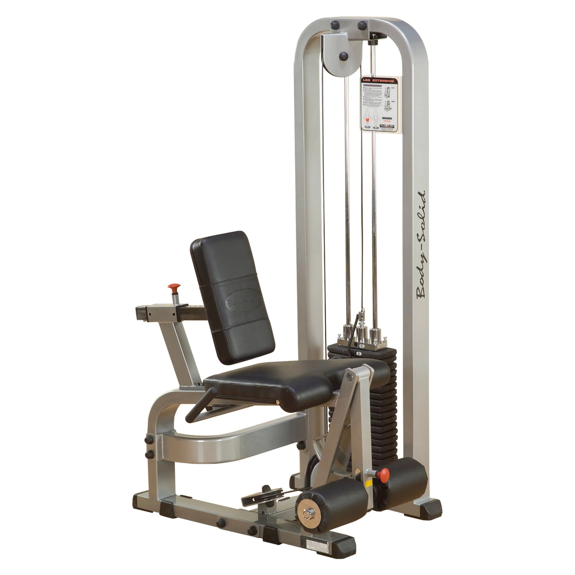 Body-Solid Pro Clubline Leg Extension Machine SLE200G2, featuring a padded seat and backrest, adjustable weight stack, and sturdy frame for leg workouts.