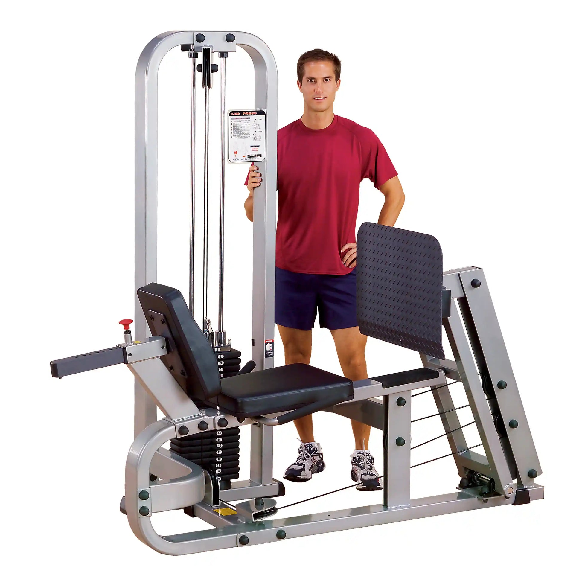 Body-Solid Pro Clubline Leg Press Machine SLP500G2 with a person standing beside it, showcasing its design and features.