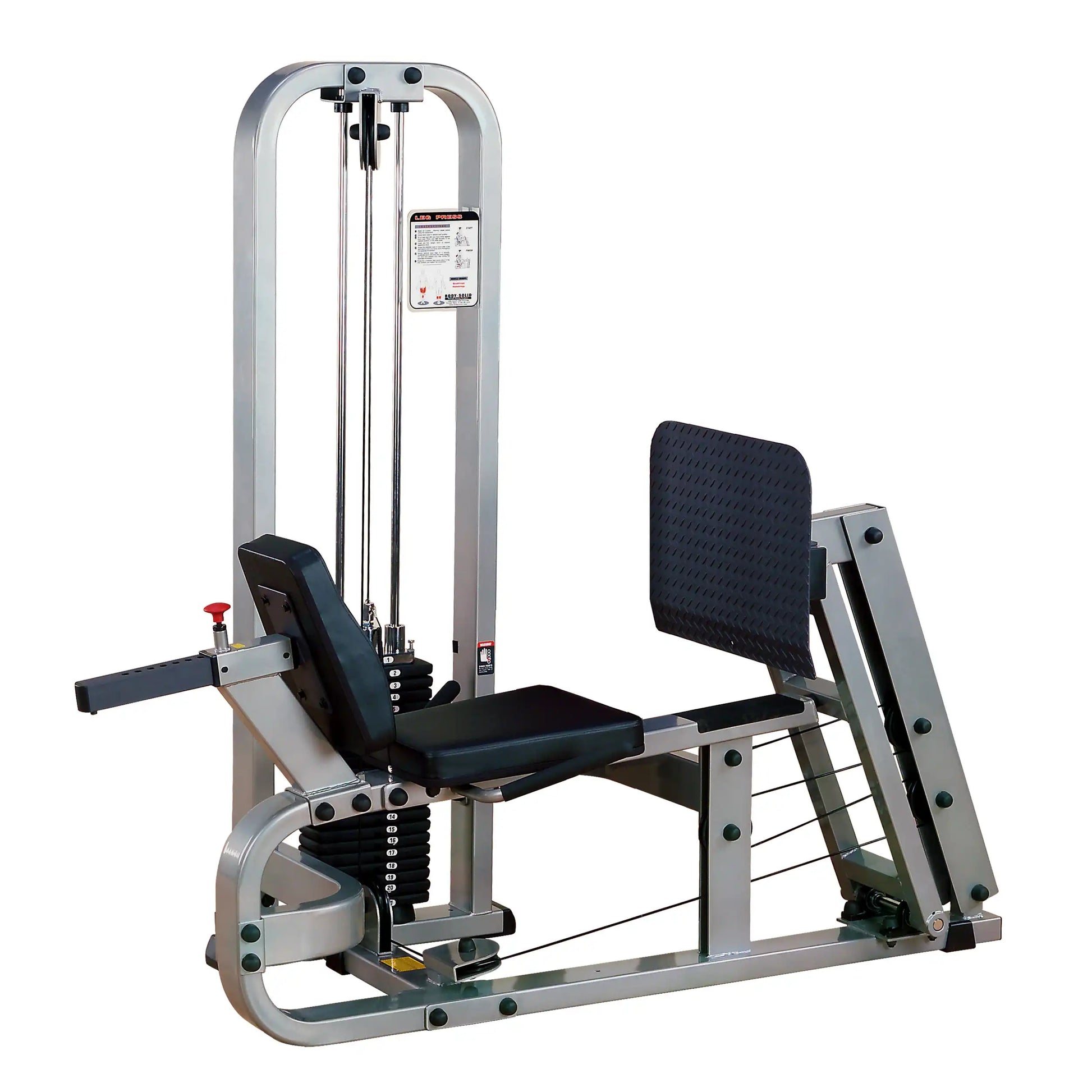 Body-Solid Pro Clubline Leg Press Machine SLP500G2, featuring a padded seat and backrest, adjustable weight stack, and dual cable system for effective leg workouts.