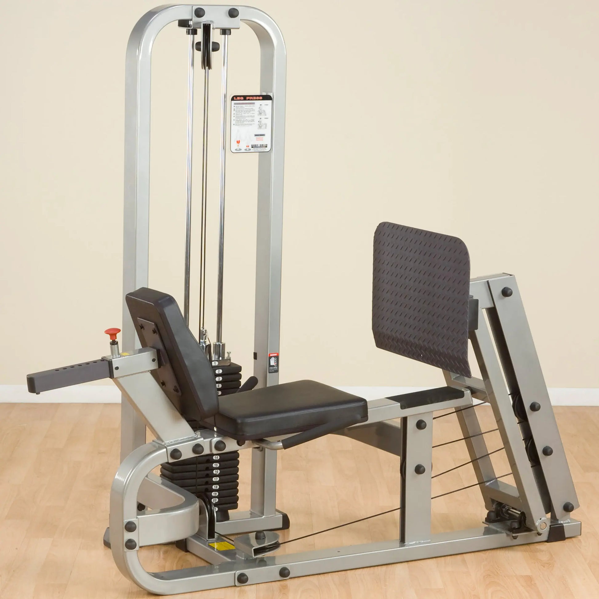Body-Solid Pro Clubline Leg Press Machine SLP500G2, featuring a padded seat and backrest, with adjustable weights and a sturdy frame, set against a neutral background.