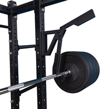 Body-Solid Pro Clubline Monolift Attachment SPRLFT mounted on a weight rack, featuring a barbell with weight plates.