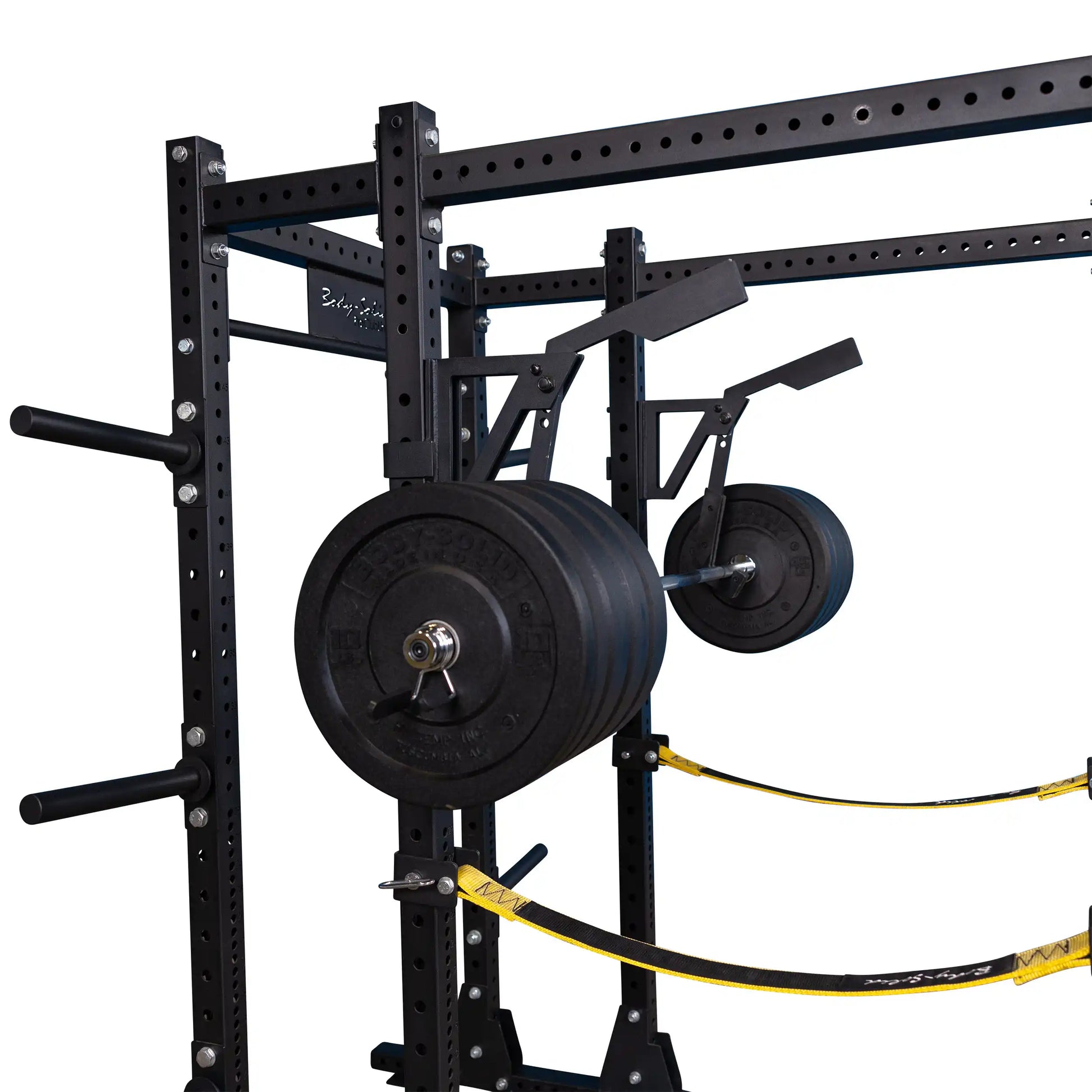 Body-Solid Pro Clubline Monolift Attachment SPRLFT mounted on a weightlifting rack with black Olympic plates and safety straps visible.