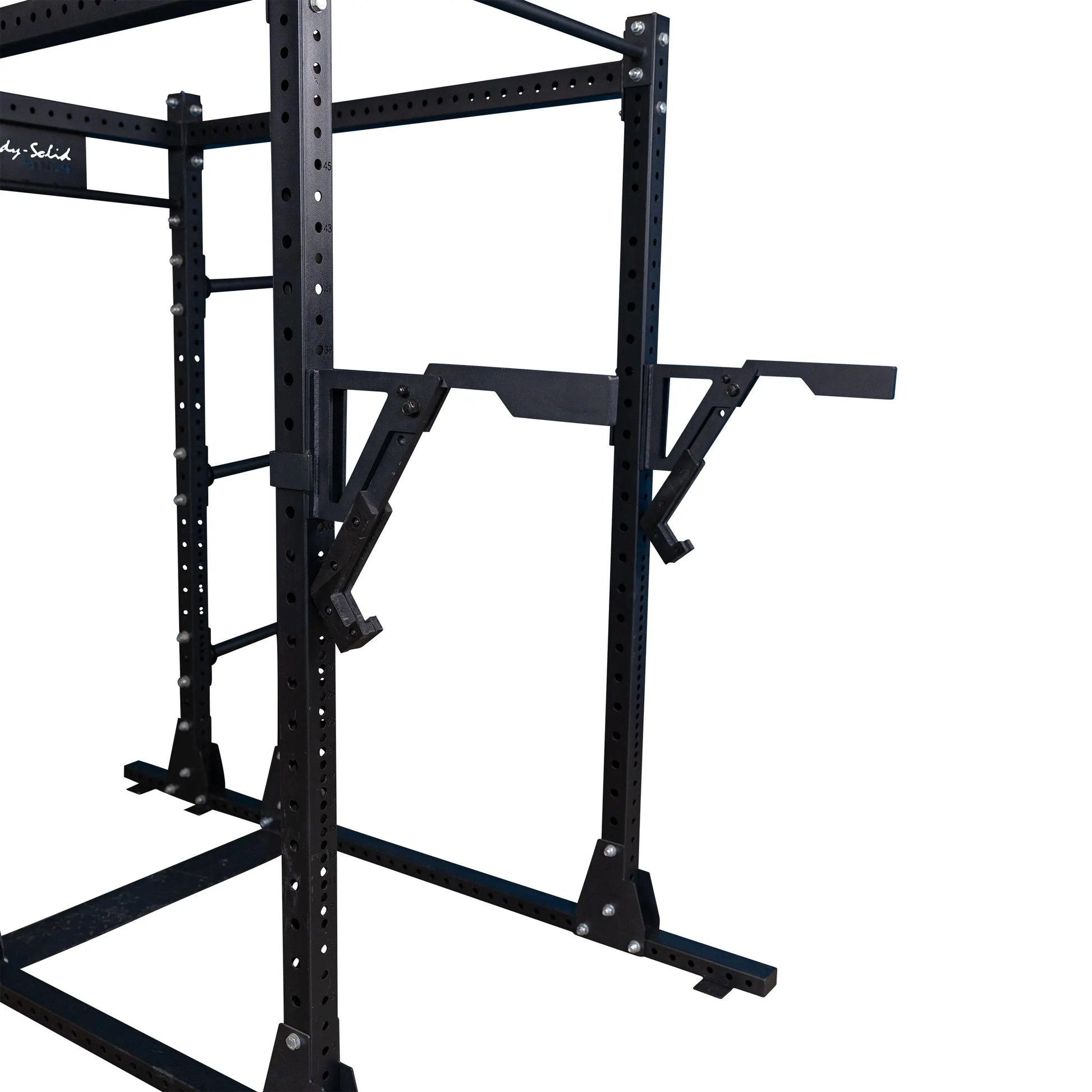 Close-up view of the Body-Solid Pro Clubline Monolift Attachment SPRLFT, showcasing its robust black frame and adjustable supports designed for weightlifting equipment.