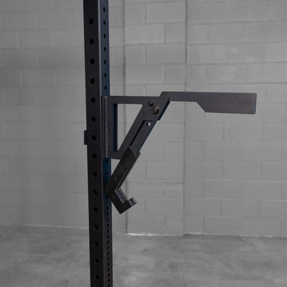 Body-Solid Pro Clubline Monolift Attachment SPRLFT mounted on a squat rack, featuring a sturdy black steel design and adjustable positioning.