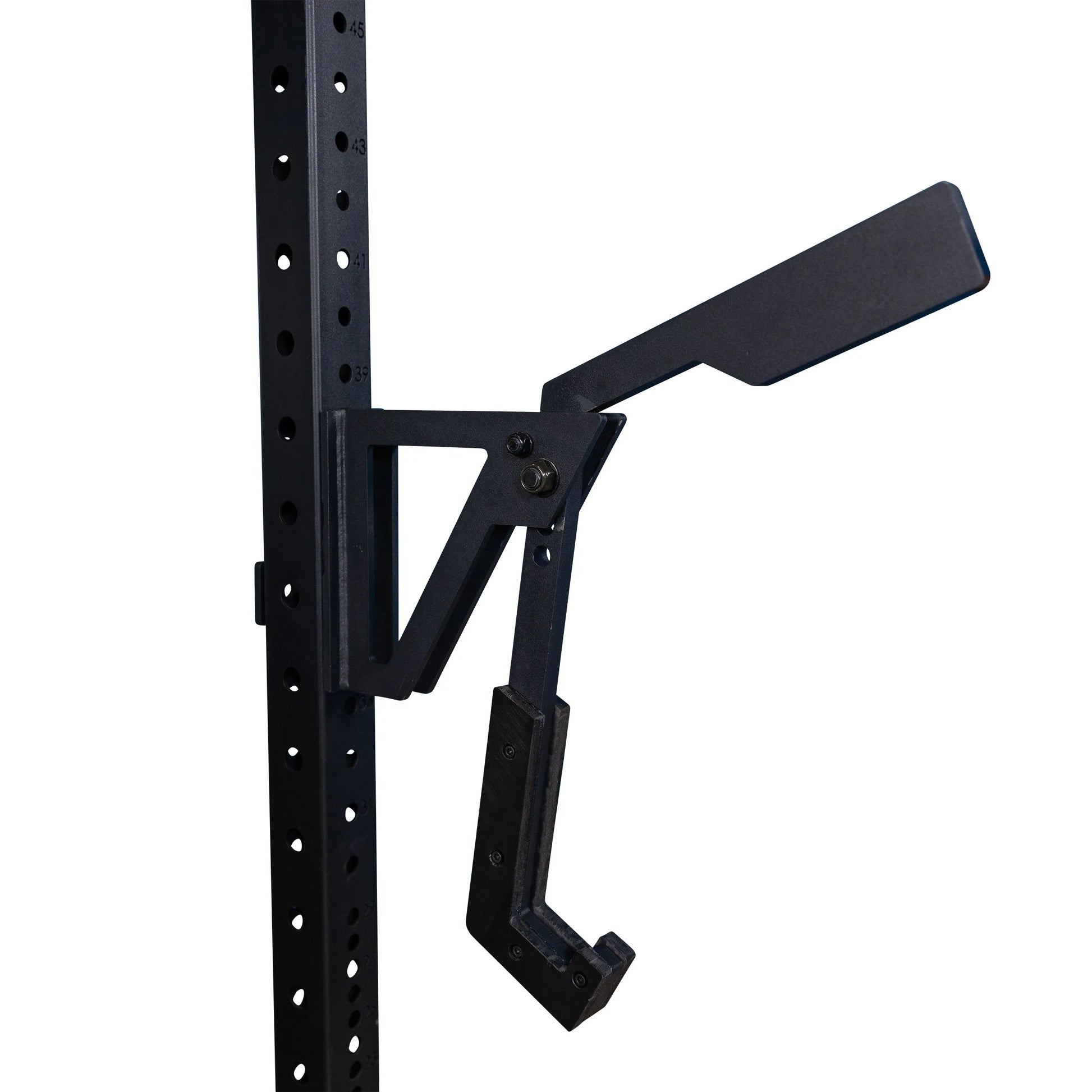 Body-Solid Pro Clubline Monolift Attachment SPRLFT mounted on a vertical rack, showcasing its robust design and adjustable locking mechanism for weightlifting.