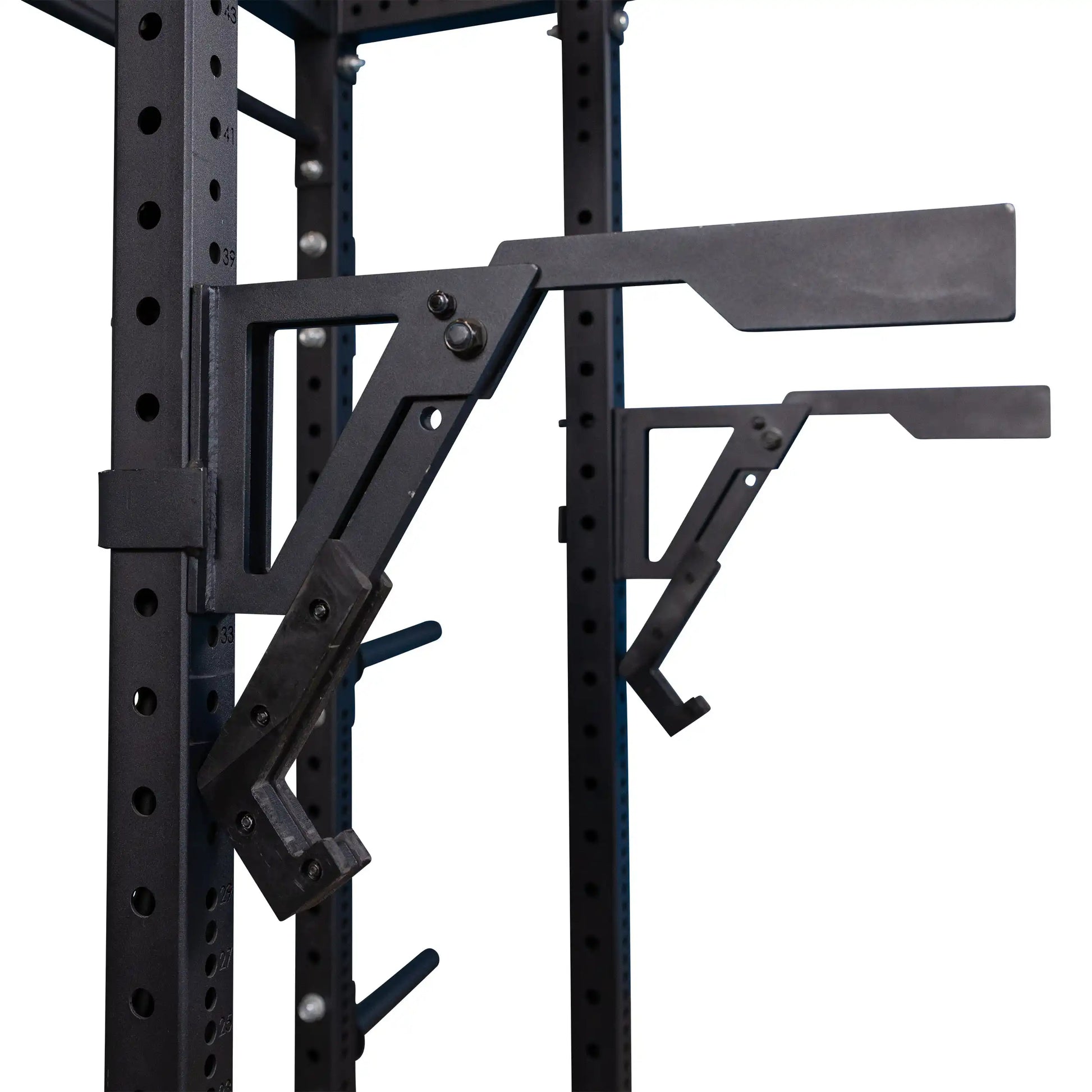 Close-up view of the Body-Solid Pro Clubline Monolift Attachment SPRLFT mounted on a power rack, showcasing its sturdy design and adjustable features.