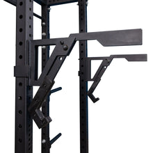 Close-up view of the Body-Solid Pro Clubline Monolift Attachment SPRLFT mounted on a power rack, showcasing its sturdy design and adjustable features.