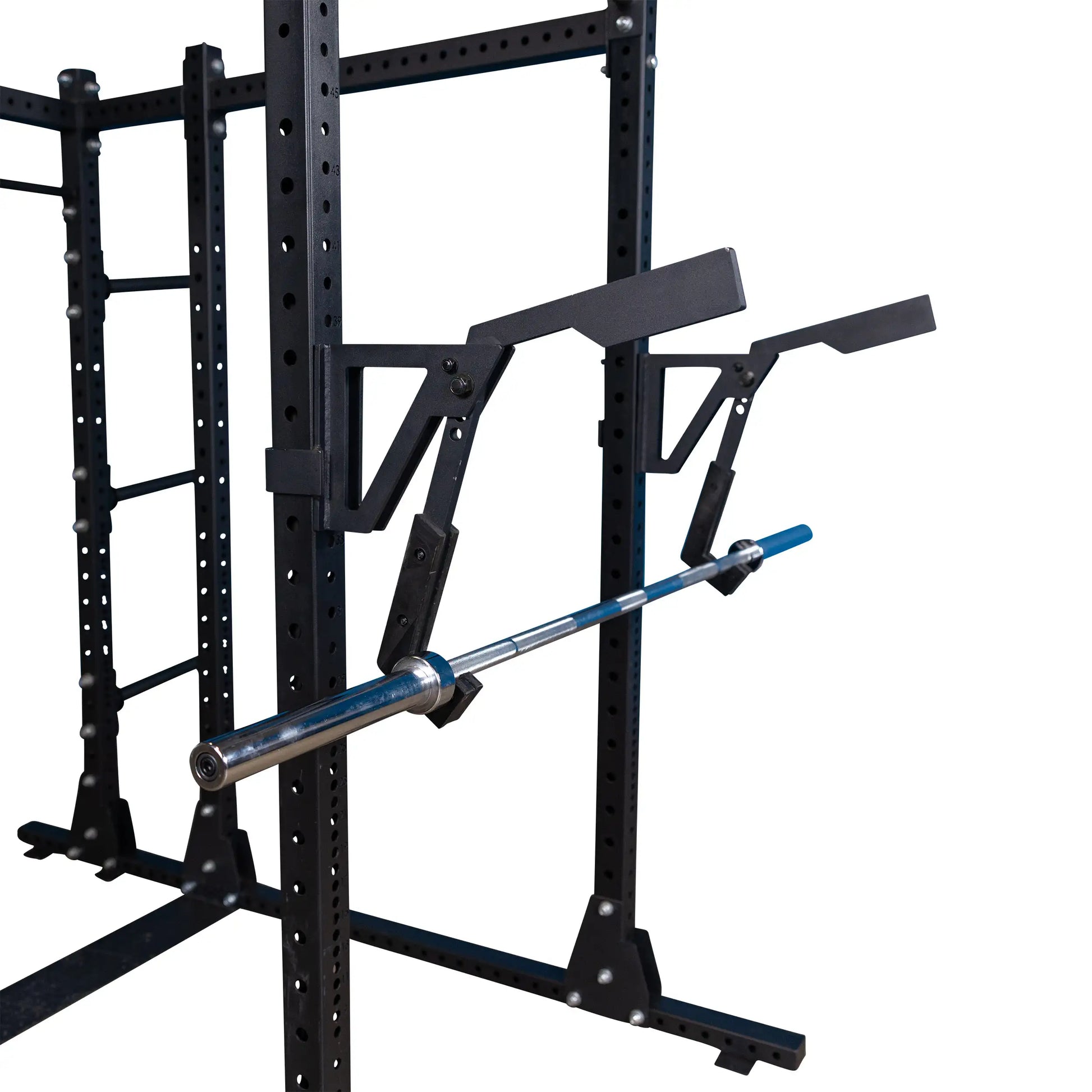 Body-Solid Pro Clubline Monolift Attachment SPRLFT mounted on a squat rack, featuring a barbell resting in the attachment's hooks.