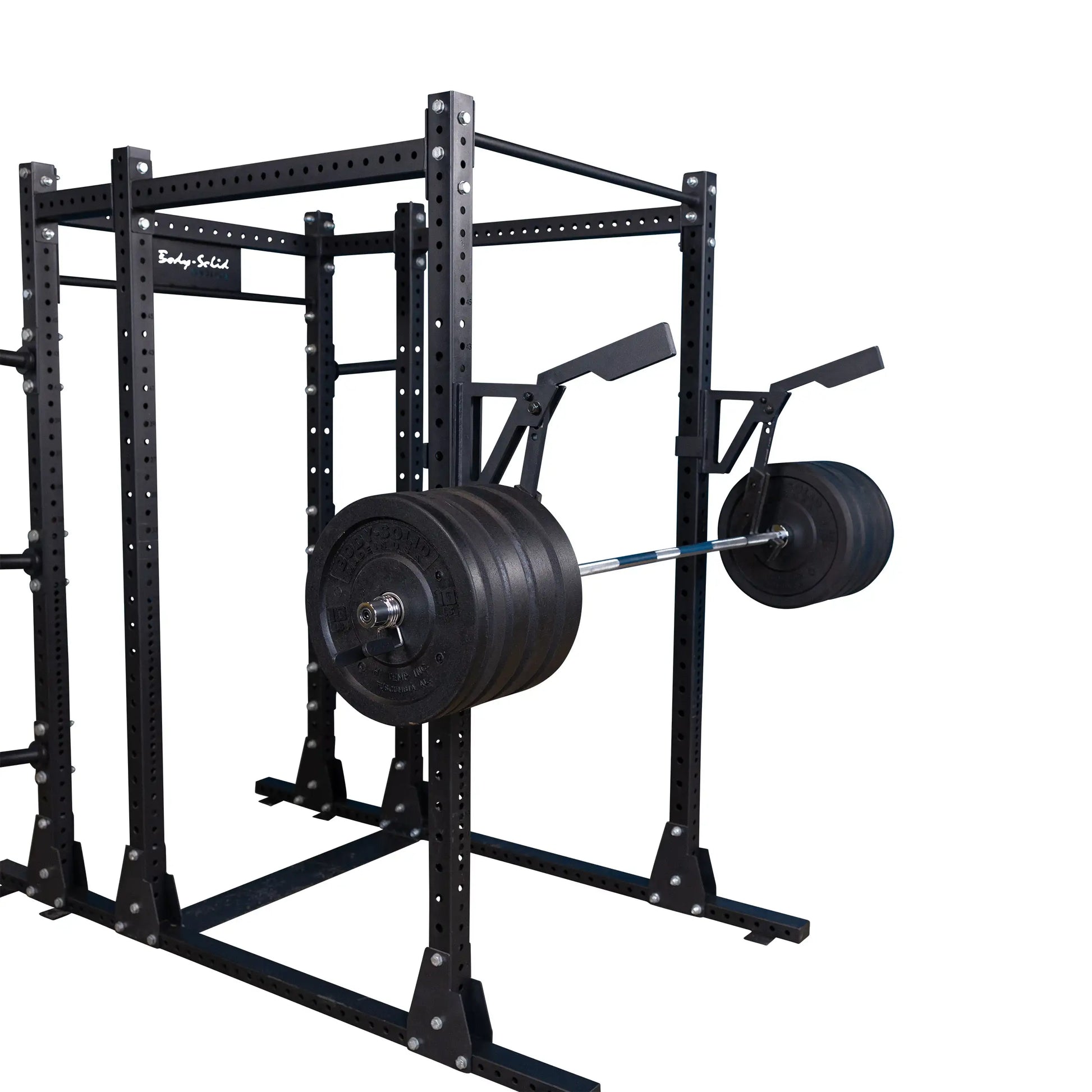 Body-Solid Pro Clubline Monolift Attachment SPRLFT attached to a squat rack, featuring a loaded barbell with weight plates on either side.