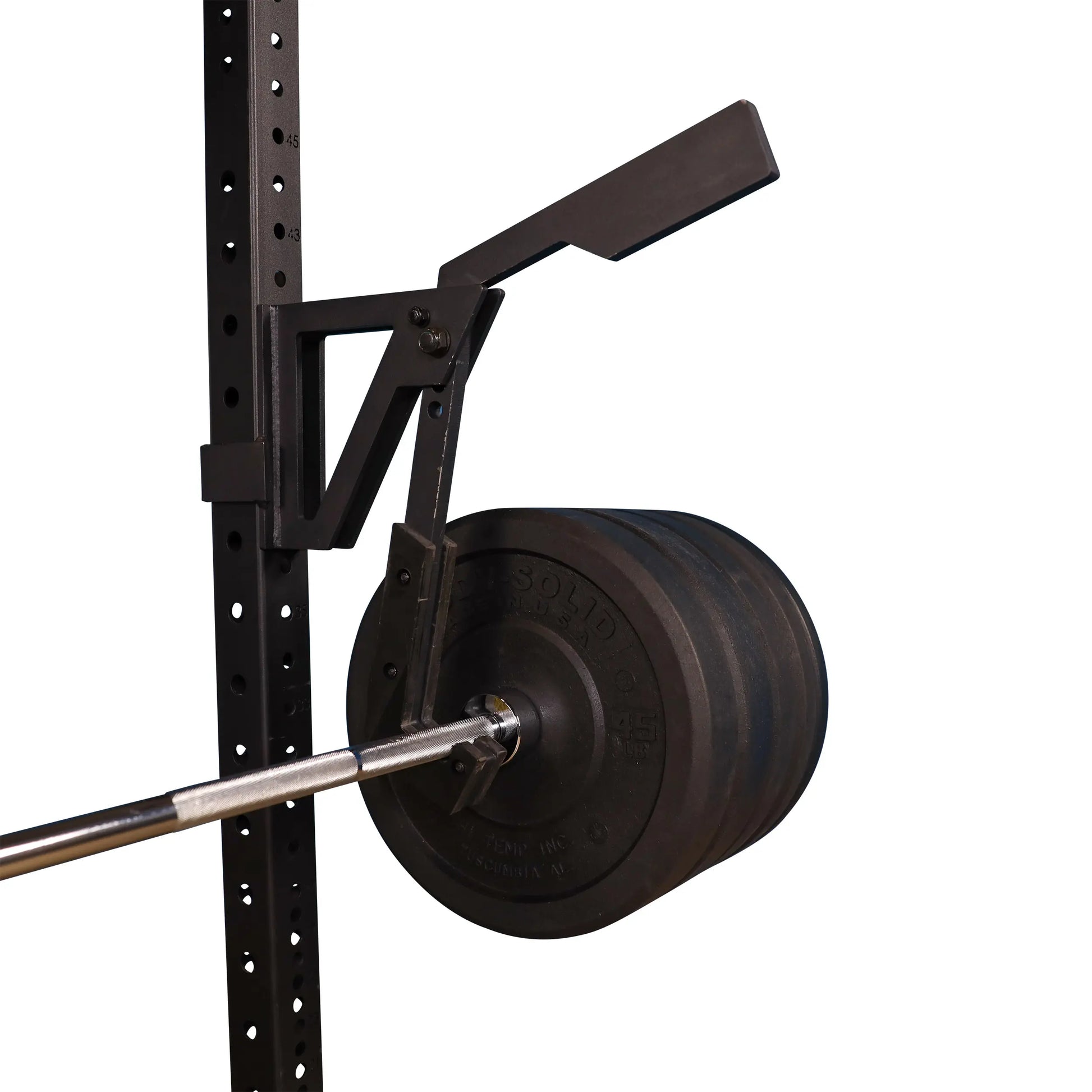 Body-Solid Pro Clubline Monolift Attachment SPRLFT, featuring a black steel construction with a weight plate mounted on a barbell, designed for facilitating squats and other weightlifting exercises.