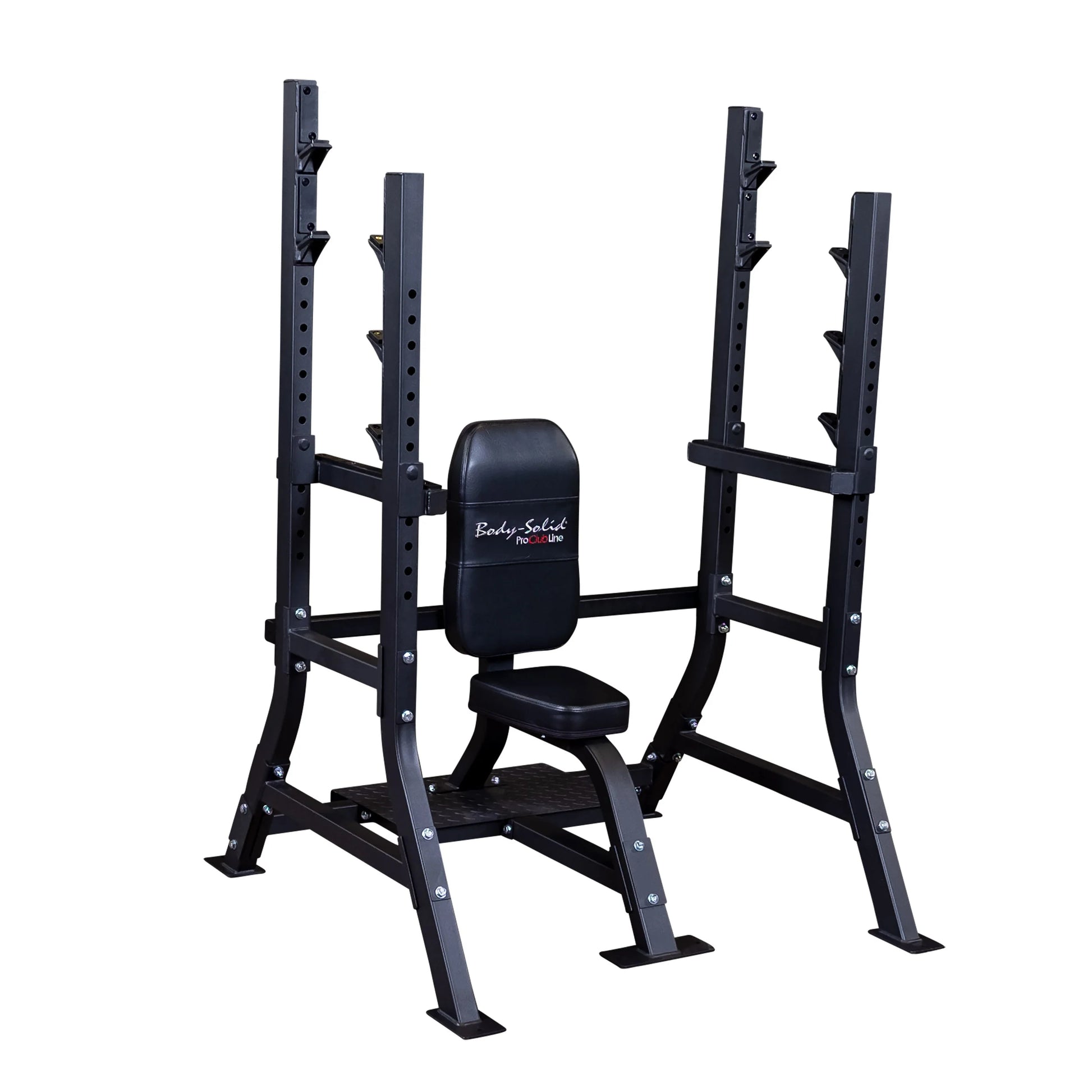 Body-Solid Pro Clubline Shoulder Olympic Bench SOSB250, featuring a sturdy black frame and padded seat for shoulder workouts.