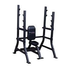 Body-Solid Pro Clubline Shoulder Olympic Bench SOSB250, featuring a sturdy black frame and padded seat for shoulder workouts.