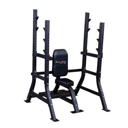 Body-Solid Pro Clubline Shoulder Olympic Bench SOSB250, featuring a sturdy black frame and padded seat for shoulder workouts.