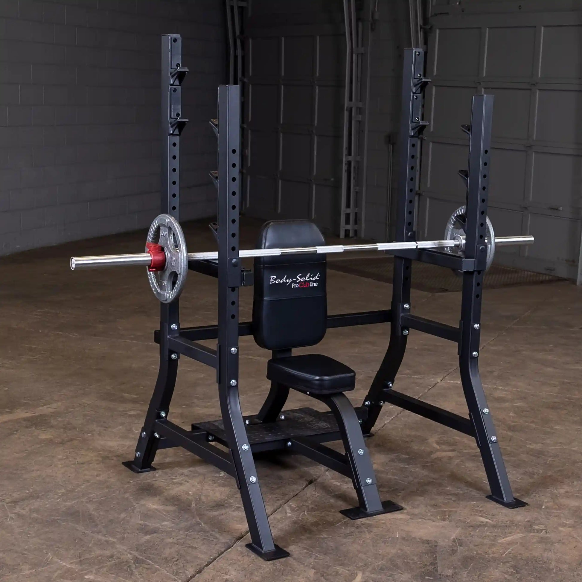 Body-Solid Pro Clubline Shoulder Olympic Bench SOSB250, featuring a sturdy frame with a padded seat and adjustable barbell rack, set against a neutral background.