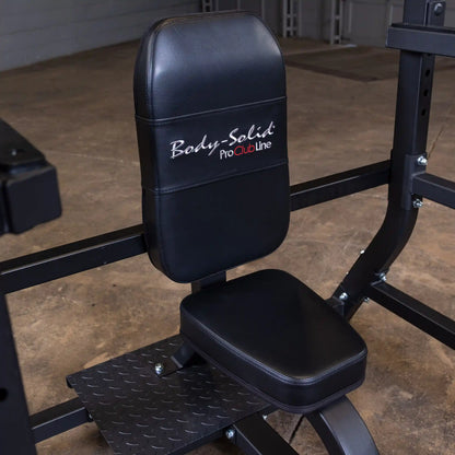 Close-up view of the Body-Solid Pro Clubline Shoulder Olympic Bench SOSB250, featuring a padded seat and backrest in a sleek black design.