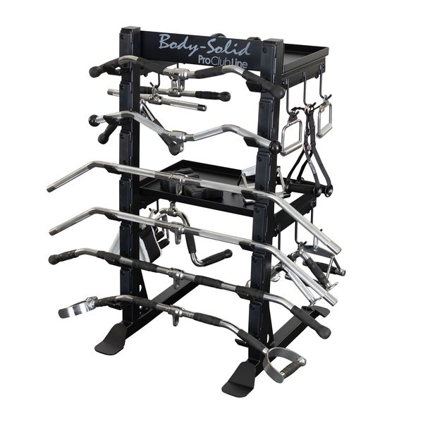 Body-Solid Pro Clubline Storage Rack SAR100 featuring multiple bars and handles organized on a sturdy black frame.