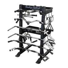 Body-Solid Pro Clubline Storage Rack SAR100 featuring multiple bars and handles organized on a sturdy black frame.