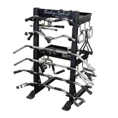 Body-Solid Pro Clubline Storage Rack SAR100 featuring multiple bars and handles organized on a sturdy black frame.