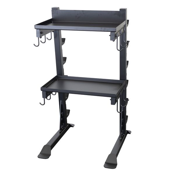 Body-Solid Pro Clubline Storage Rack SAR100 featuring two shelves and multiple hooks for organizing fitness equipment.